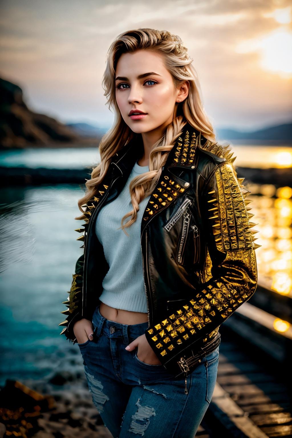 masterpiece, photorealistic highly detailed 8k photo, best cinematic quality, volumetric lighting and shadows, young woman in spltc with spikes, twist-out  dirty blonde, frozen lakeside background <lora:leather jacket with spikes_v2-000007:1>