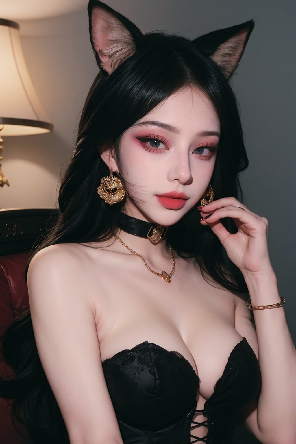  Very detailed CG unified 8K wallpapers,most beautiful artwork in the world,1girll,fox,fox ears,The upper part of the body,Closed_Mouth, Earrings, jewelry, Lips,black lip,eyelashes,jewely,choker necklace,lipstick,black corset,shackle,collars,best qualtiy,yuyao,dress