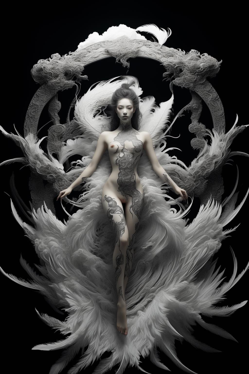 (masterpiece, top quality, best quality, official art, epic aesthetic),full body,(1 girl with white feather wings),(solo),long hair,nude,half_naked body full of gongbi_dragon_tattoo,black dragon,cloud,wave,erthereal,global illumination,black background,<lora:drgon tattoo-000007:0.4>,<lora:tattoogirl:0.6>,style-swirlmagic,<lora:yinianshenmo:0.5>,<lora:ww:0.7>,