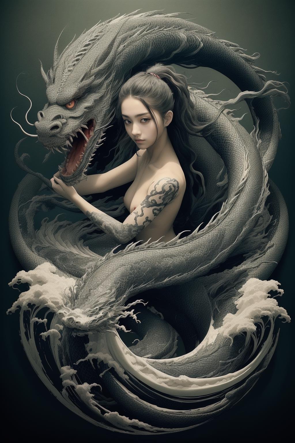 (masterpiece, top quality, best quality, official art, epic aesthetic),(1 girl in hanfu),upper body,(solo),long hair,half_naked body full of gongbi_dragon_tattoo,black dragon,cloud,wave,erthereal,global illumination,black background,<lora:tattoogirl-000006:0.5>,style-swirlmagic,<lora:drgon tattoo:0.7>,<lora:add_brightness:1>,