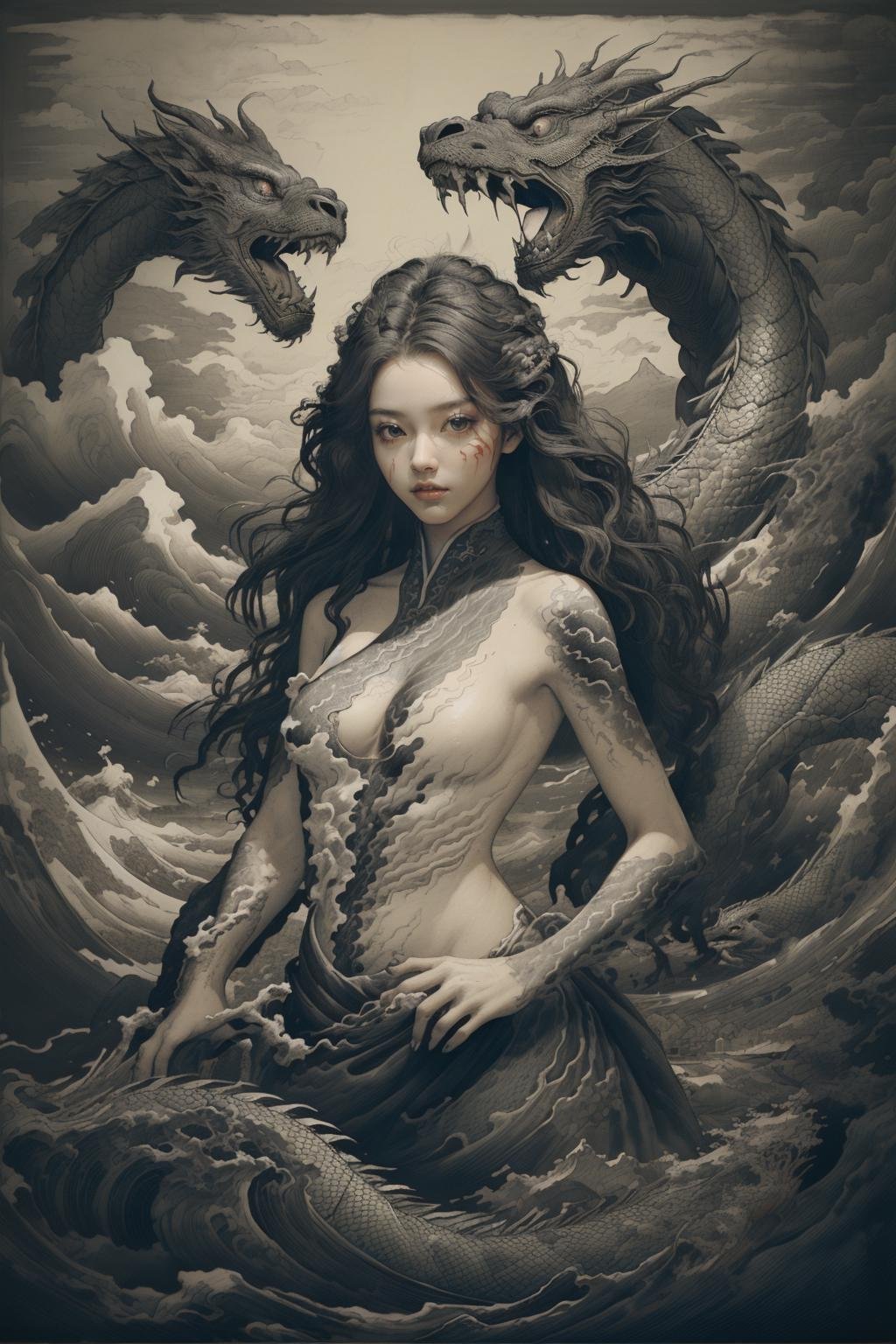 (masterpiece, top quality, best quality, official art, epic aesthetic),(1 girl in hanfu),upper body,(solo),long hair,half_naked body full of gongbi_dragon_tattoo,black dragon,cloud,wave,erthereal,global illumination,black background,<lora:tattoogirl-000006:0.5>,style-swirlmagic,<lora:drgon tattoo:0.6>,<lora:add_brightness:1.4>,<lora:JZCG036-Chinese traditional architecture:0.4>,