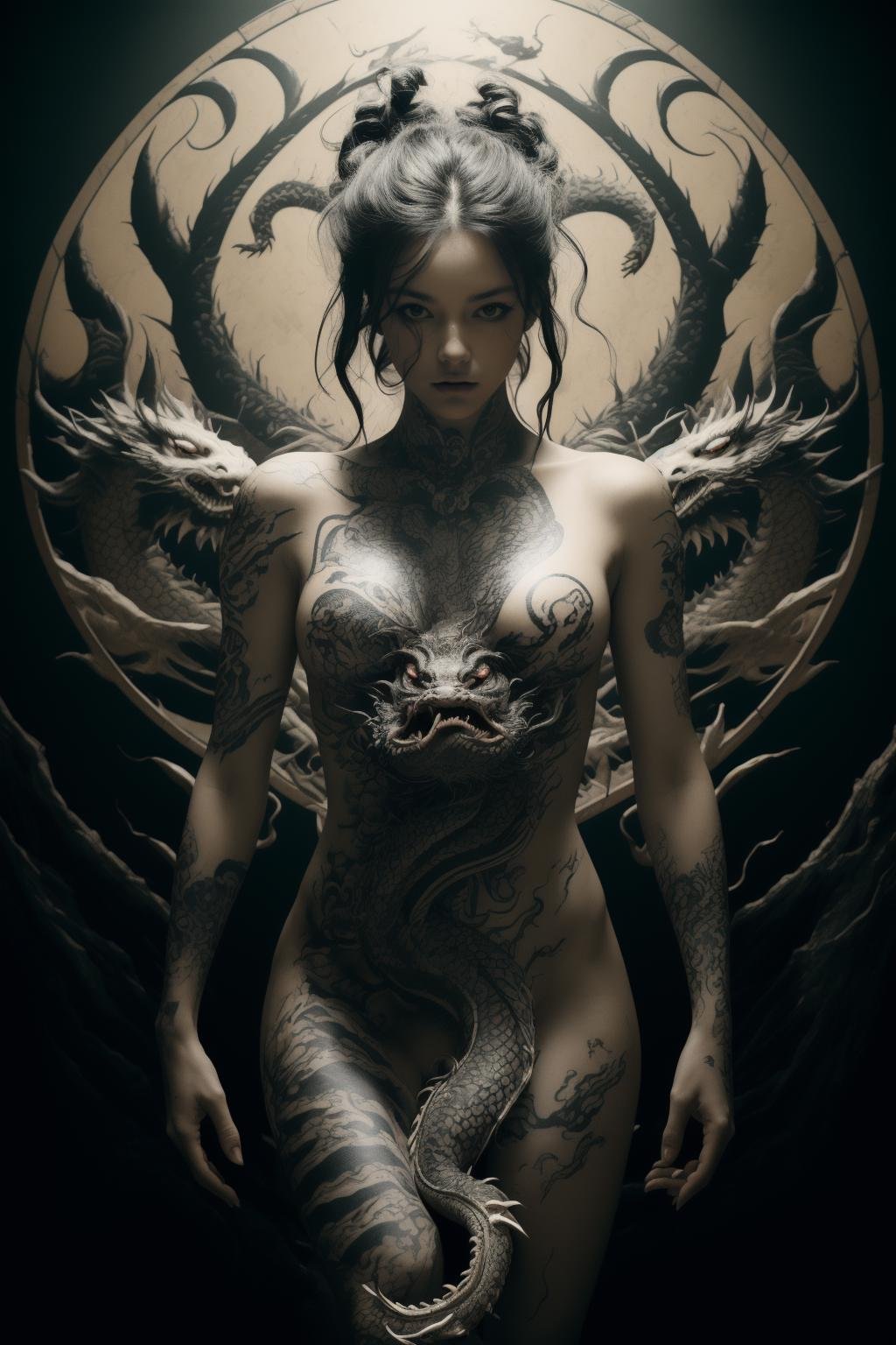 (masterpiece, top quality, best quality, official art, epic aesthetic),(1 girl),(solo),half_naked body full of gongbi_dragon_tattoo,asymmetrical balance,soft lighting,global illumination,black background,<lora:drgon tattoo-000007:0.4>,<lora:tattoogirl:0.6>,<lora:add_brightness:1.2>,