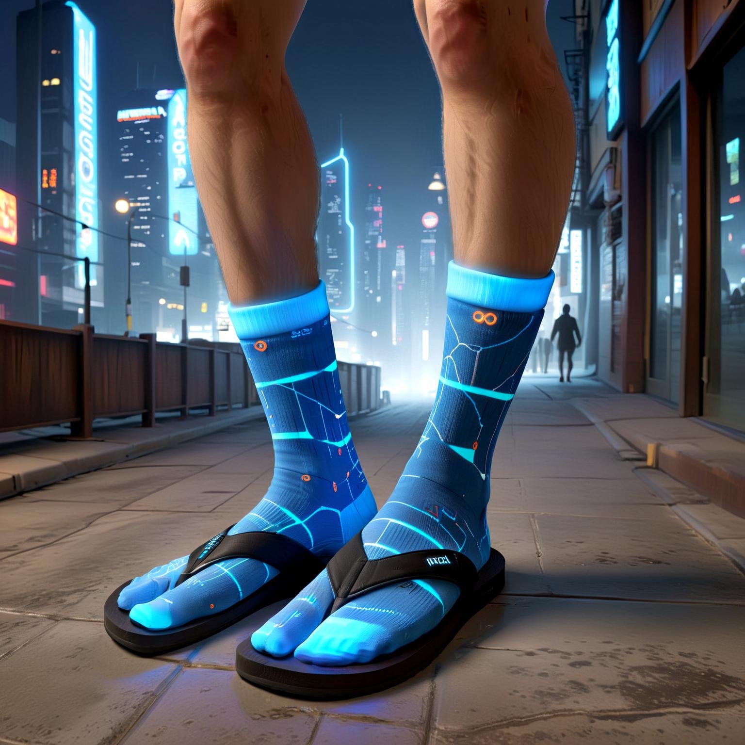 futuristic cityscape, high-tech flip flops, smart LED socks, dynamic designs, fast-paced environment, minimalist style, fashion meets technology, innovation,hyperrealistic, (flip_flop_sock:1.1),  ,