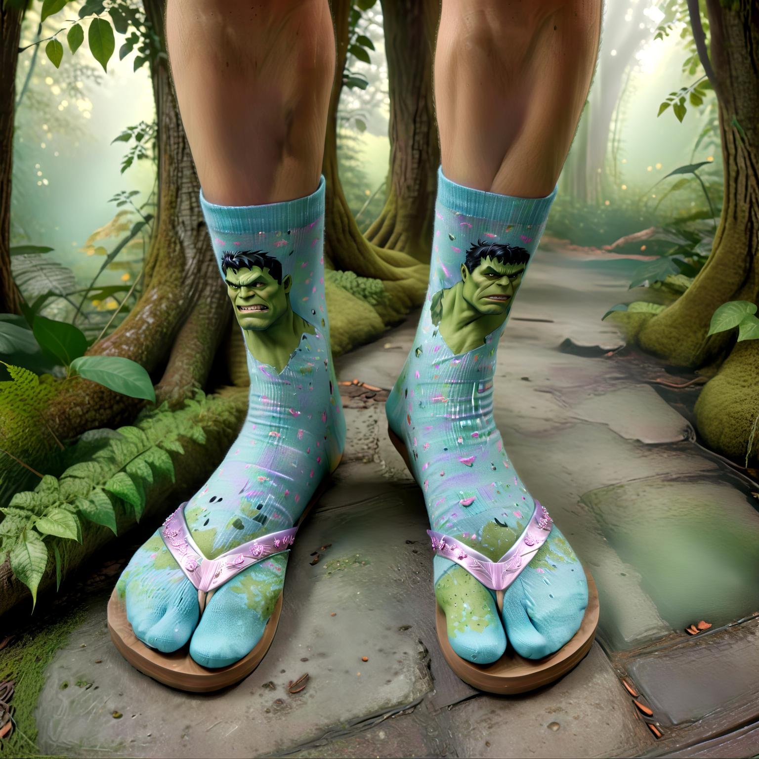 the hulk wearing fairy-tale setting, mythical creatures on socks, fantastical elements, pastel colors, sparkly flip flops, enchanted forest background, whimsical fashion, fantasy theme,hyperrealistic, (flip_flop_sock:1.1),