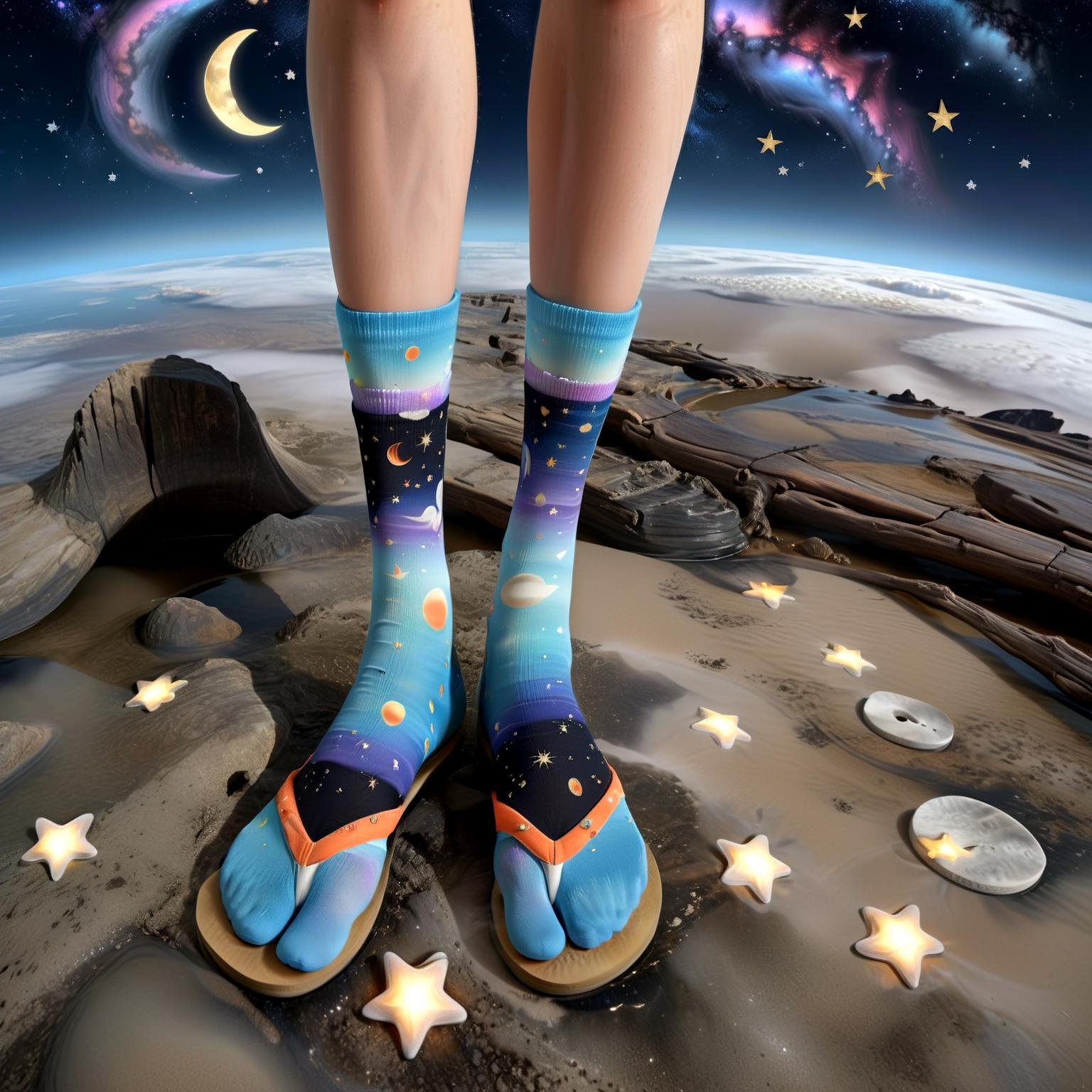 surreal landscape, ethereal figure, whimsical flip flops, celestial pattern socks, stars, moons, otherworldly ambiance, magical realm, mystical fashion,hyperrealistic, (flip_flop_sock:1.1),  ,