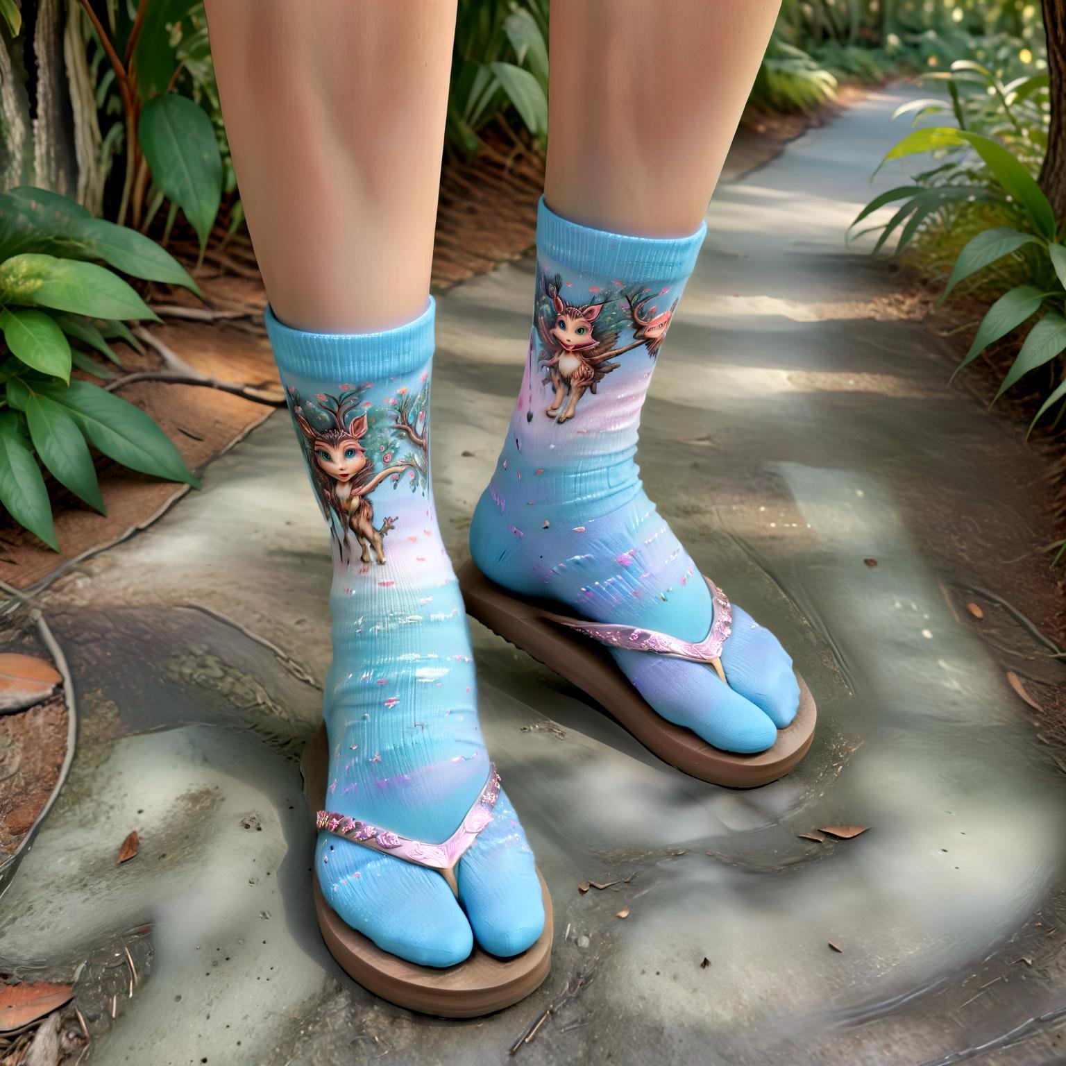 fairy-tale setting, mythical creatures on socks, fantastical elements, pastel colors, sparkly flip flops, enchanted forest background, whimsical fashion, fantasy theme,hyperrealistic, (flip_flop_sock:1.1),