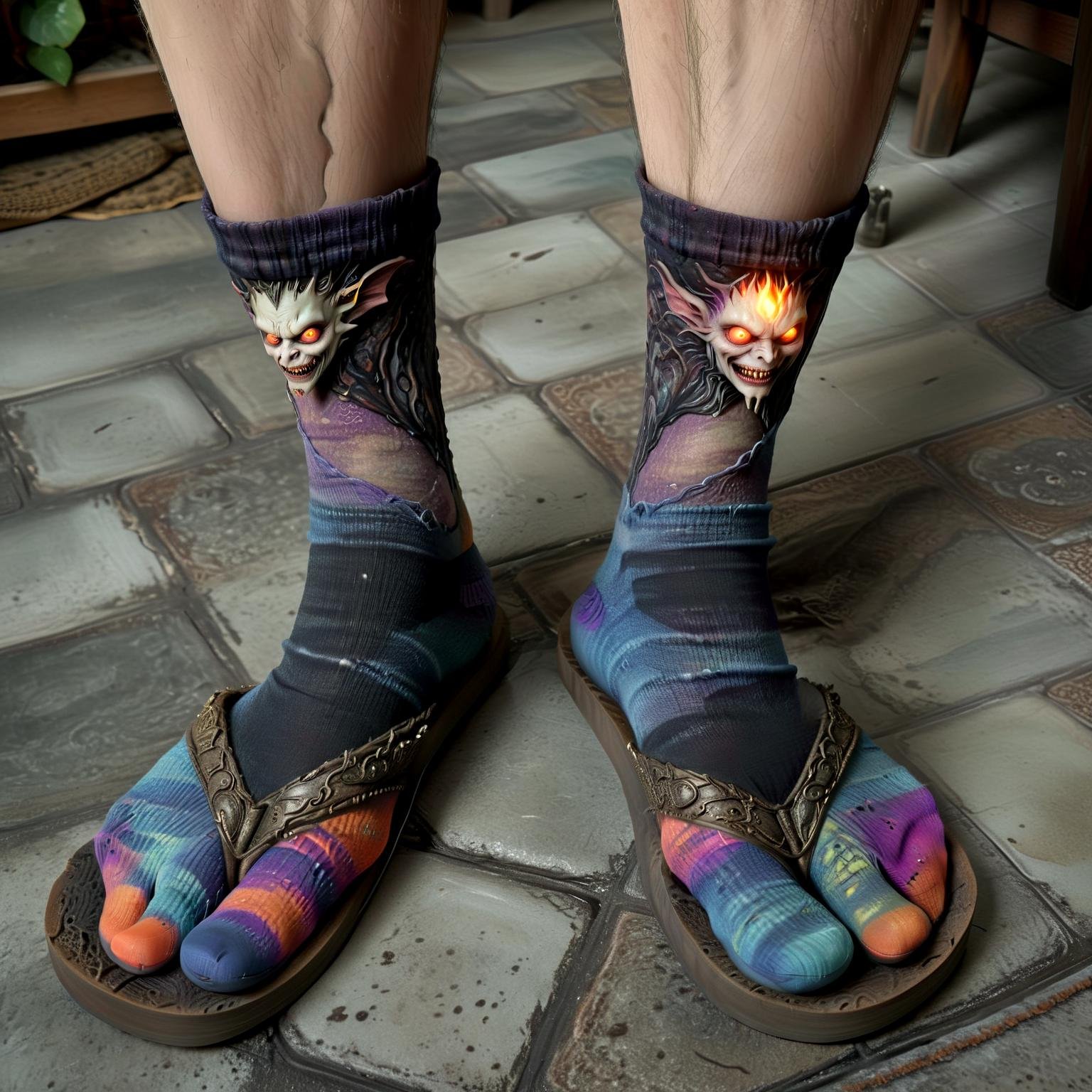 dark fairy-tale setting, grotesque character, mythical creature scale flip flops, fantastical beast skin socks, patchwork eerie textures, otherworldly glow, alive footwear, horror-fantasy blend,hyperrealistic, (flip_flop_sock:1.1),  ,