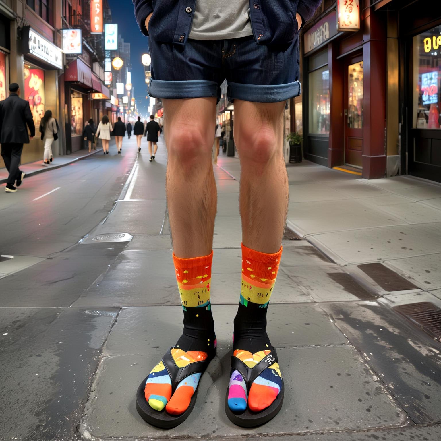 bustling city street, night scene, confident walk, designer flip flops, luxurious silk socks, urban patterns, nightlife vibe, urban elegance, high-fashion meets streetwear,hyperrealistic, (flip_flop_sock:1.1),  ,