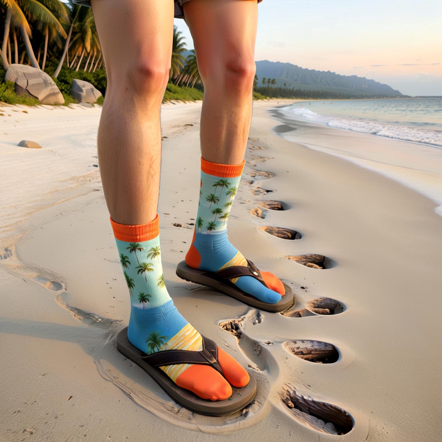 serene beach, sunset, walking on shoreline, tropical pattern socks, palm trees, flip flops, beach vibe, tranquil atmosphere, playful fashion,hyperrealistic, (flip_flop_sock:1.1),  ,