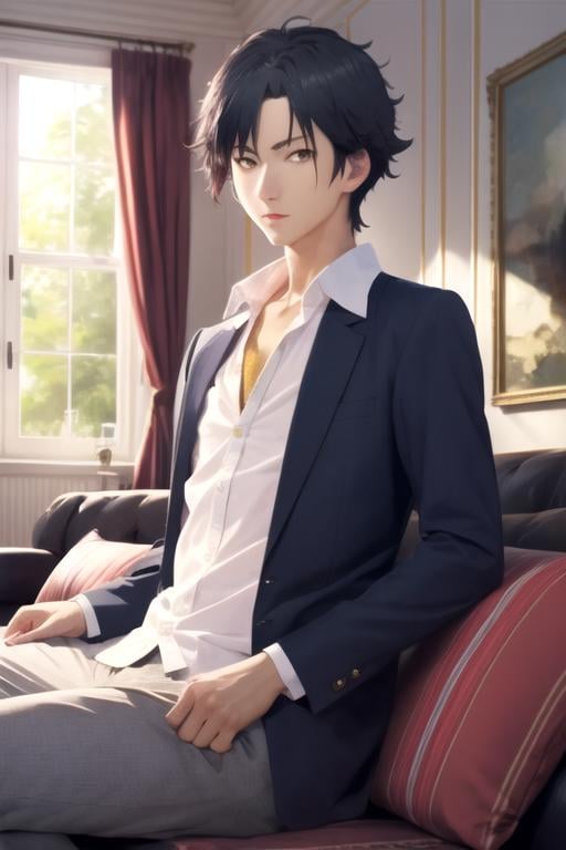 masterpiece, best quality, , 1boy, solo, male focus, looking at viewer, , , ligne claire, realistic, <lora:masato_sanada:0.76>, masato_sanada, black hair, yellow eyes, , living room,