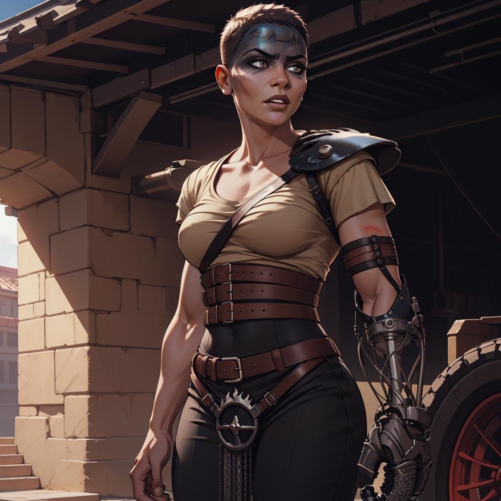 Best_QualityPos, RAW photo, intricate details, best quality, 8k uhd, soft lighting, 1girl, solo, furiosaimp, single pauldron, single mechanical arm, shirt, belt, pants, facepaint, very short hair, mature female  <lora:furiosaimp:0.8>