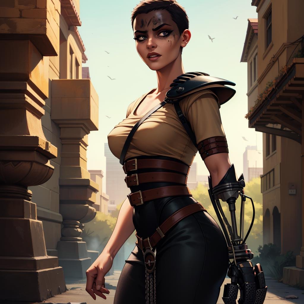 Best_QualityPos, RAW photo, intricate details, best quality, 8k uhd, soft lighting, 1girl, solo, furiosaimp, single pauldron, single mechanical arm, shirt, belt, pants, facepaint, very short hair, mature female  <lora:furiosaimp:0.8>