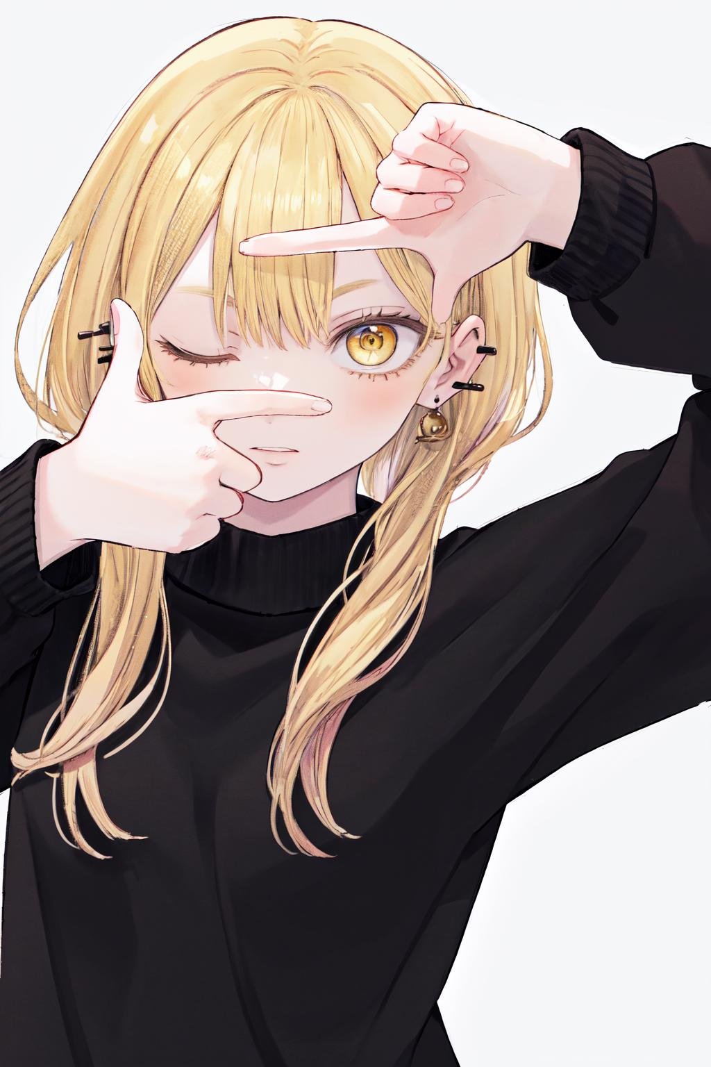 masterpiece, best quality, highres, 1girl blonde hair, yellow eyes earrings, finger frame, (one eye closed:0.7), black sweater, white background <lora:finger_frame_final:1> <lora:guideau_no_outfit:1>