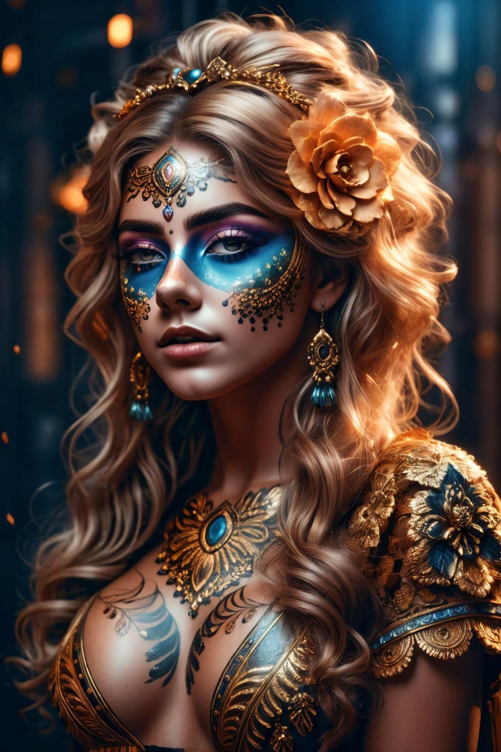 masterpiece, photorealistic highly detailed 8k photography, best cinematic quality, volumetric lighting and shadows, intricate details, <lora:Katrina_v5-000008:1> voluptuous dirty blonde textured hair young woman in colorfull xyzgg body paint, dorsiflexion, simple background