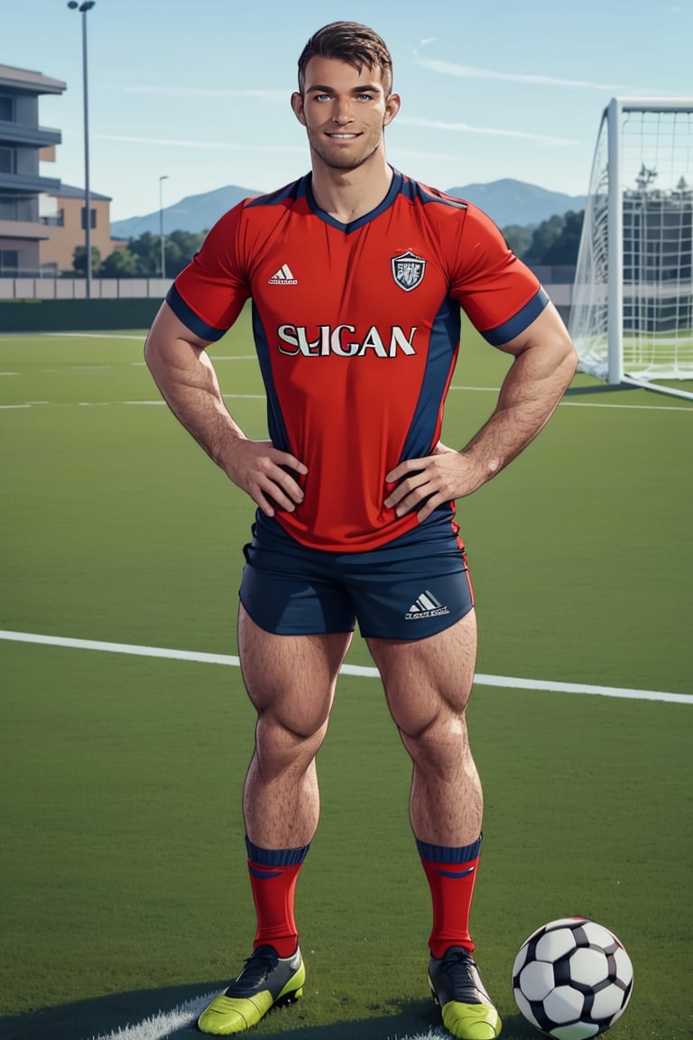 (masterpiece,  best quality:1.2), photo of person, man,  smirk , muscular, standing, thick legs, (depth of field:1.1), , photo of person, ((soccer jersey, soccer shorts)), hands on hips, full body, standing,   masterpiece,  highness,  perfect face,  perfect picture,  detailed eyes , sharp focus, ,High detailed view