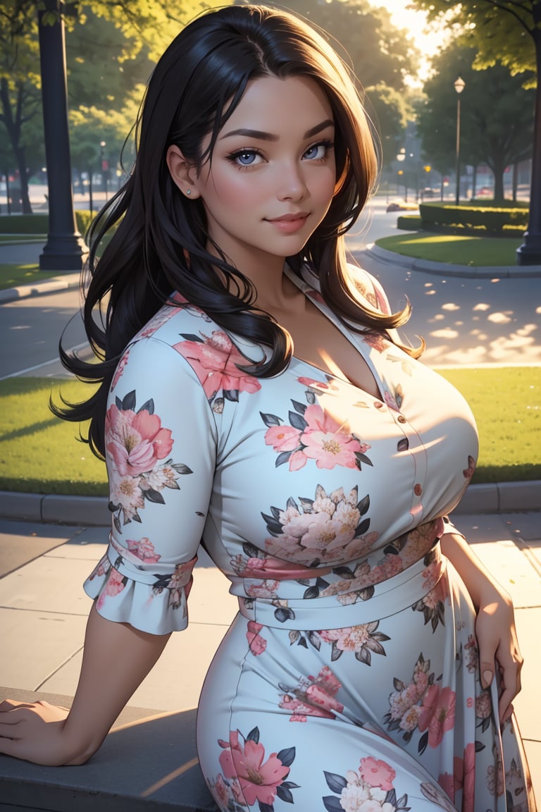 Photo of woman , floral dress , curvaceous, smirk, at the park , seducing, looking to viewer, cinematic  lighting, detailed face, detailed eyes, masterpiece, high_res, perfect face, , High detailed , mattrh