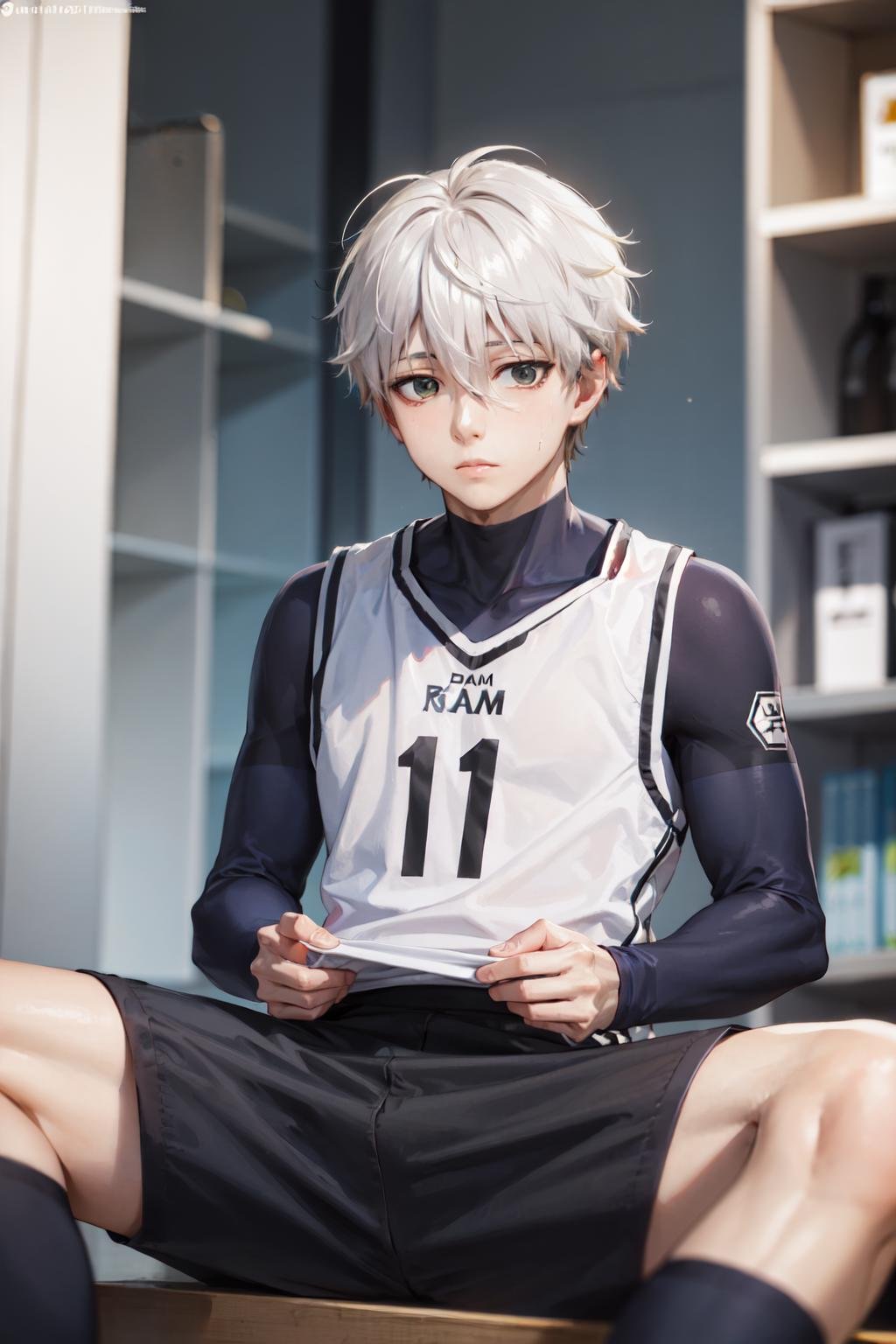 (masterpiece, best quality:1.2), <lora:bl_nagi-10:0.7>, solo, male focus, 1boy, nagi seishirou, expressionless, closed mouth, sitting, sportswear