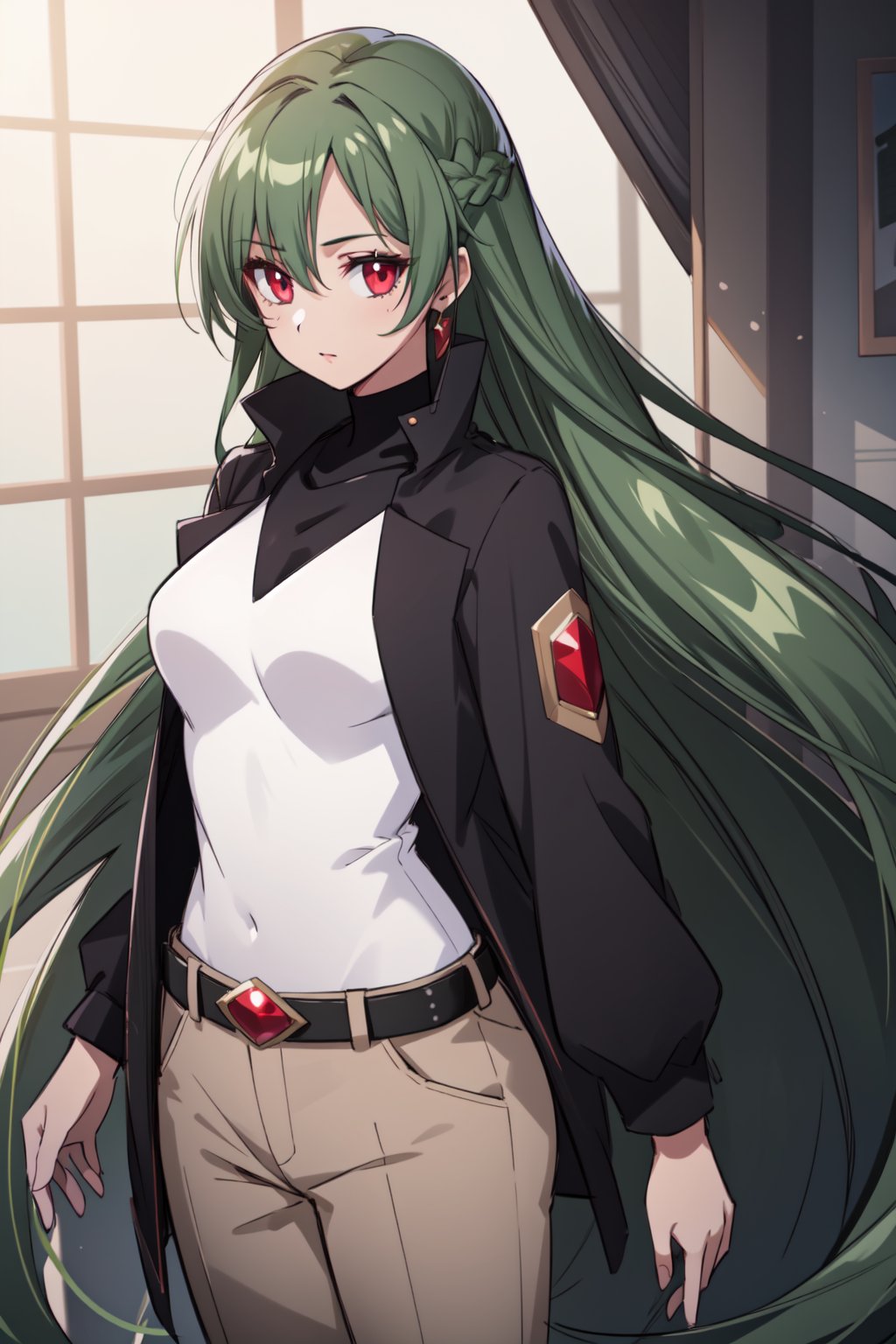 (masterpiece,  best quality),  shiny skin,  lustrous skin,  1girl,  solo,  meiou setsuna,  long hair green hair,  red eyes,  very long hair,  tanned female,  pants,  black jacket,<lora:EMS-85479-EMS:0.600000>