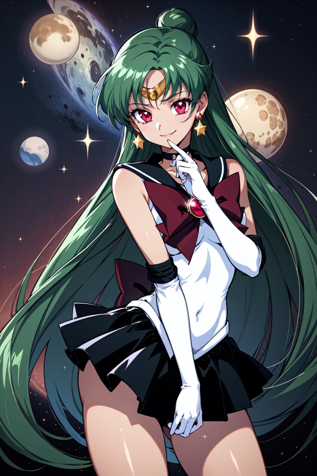 (masterpiece,  best quality),  shiny skin,  lustrous skin,  1girl,  solo,  meiou setsuna,  long hair,  single hair bun,  green hair,  red eyes,  very long hair,  tanned female,  thighs,  skirt,  choker,  sailor senshi uniform,  jewelry,  gloves,  earrings,  white gloves,  bow,  sailor collar,  elbow gloves,  circlet,  red bow,  black skirt,  black choker,  pleated skirt,  miniskirt,  brooch,  back bow,  black sailor collar, sailor pluto,  abrstact background,  star (symbol),  stardust,  sparkle,  pluto,  planets,  smirk,<lora:EMS-85479-EMS:0.600000>