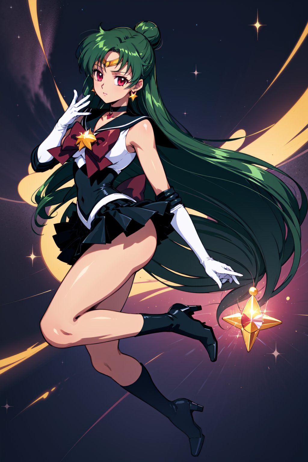 (masterpiece,  best quality),  shiny skin,  lustrous skin,  1girl,  solo,  meiou setsuna,  long hair,  single hair bun,  green hair,  red eyes,  very long hair,  tanned female,  thighs,  skirt,  choker,  sailor senshi uniform,  jewelry,  gloves,  earrings,  white gloves,  bow,  sailor collar,  elbow gloves,  circlet,  red bow,  black skirt,  black choker,  pleated skirt,  miniskirt,  brooch,  back bow,  black sailor collar,  high heels,  tiara,  high heel boots, sailor pluto,  abrstact background,  star (symbol),  stardust,  dynamic,<lora:EMS-85479-EMS:0.600000>