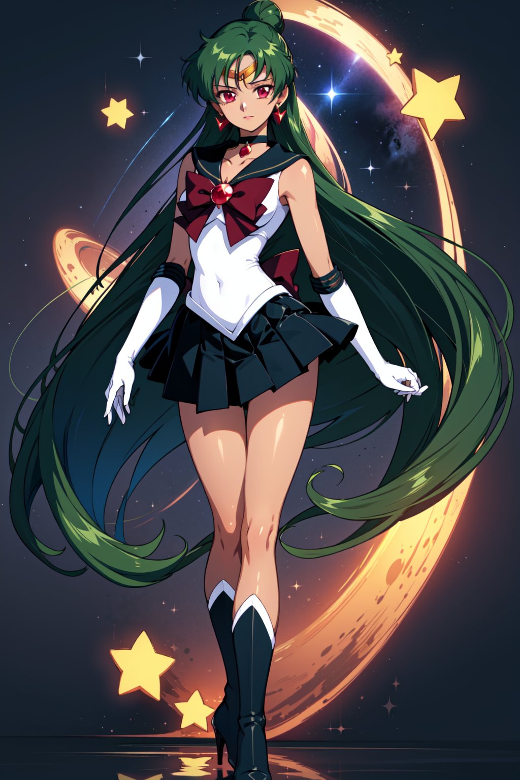 (masterpiece,  best quality),  shiny skin,  lustrous skin,  1girl,  solo,  meiou setsuna,  long hair,  single hair bun,  green hair,  red eyes,  very long hair,  tanned female,  thighs,  skirt,  choker,  sailor senshi uniform,  jewelry,  gloves,  earrings,  white gloves,  bow,  sailor collar,  elbow gloves,  circlet,  red bow,  black skirt,  black choker,  pleated skirt,  miniskirt,  brooch,  back bow,  black sailor collar,  high heels,  tiara,  high heel boots, sailor pluto,  abrstact background,  star (symbol),  stardust,<lora:EMS-85479-EMS:0.600000>