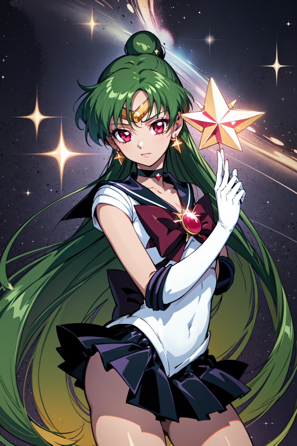 (masterpiece,  best quality),  shiny skin,  lustrous skin,  1girl,  solo,  meiou setsuna,  long hair,  single hair bun,  green hair,  red eyes,  very long hair,  tanned female,  thighs,  skirt,  choker,  sailor senshi uniform,  jewelry,  gloves,  earrings,  white gloves,  bow,  sailor collar,  elbow gloves,  circlet,  red bow,  black skirt,  black choker,  pleated skirt,  miniskirt,  brooch,  back bow,  black sailor collar, sailor pluto,  abrstact background,  star (symbol),  stardust,  dynamic,<lora:EMS-85479-EMS:0.600000>