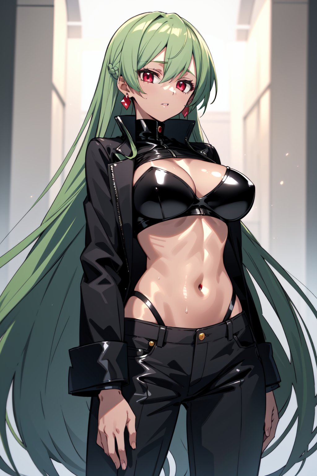 (masterpiece,  best quality),  shiny skin,  lustrous skin,  1girl,  solo,  meiou setsuna,  long hair green hair,  red eyes,  very long hair,  tanned female,  pants,  black jacket,<lora:EMS-85479-EMS:0.600000>