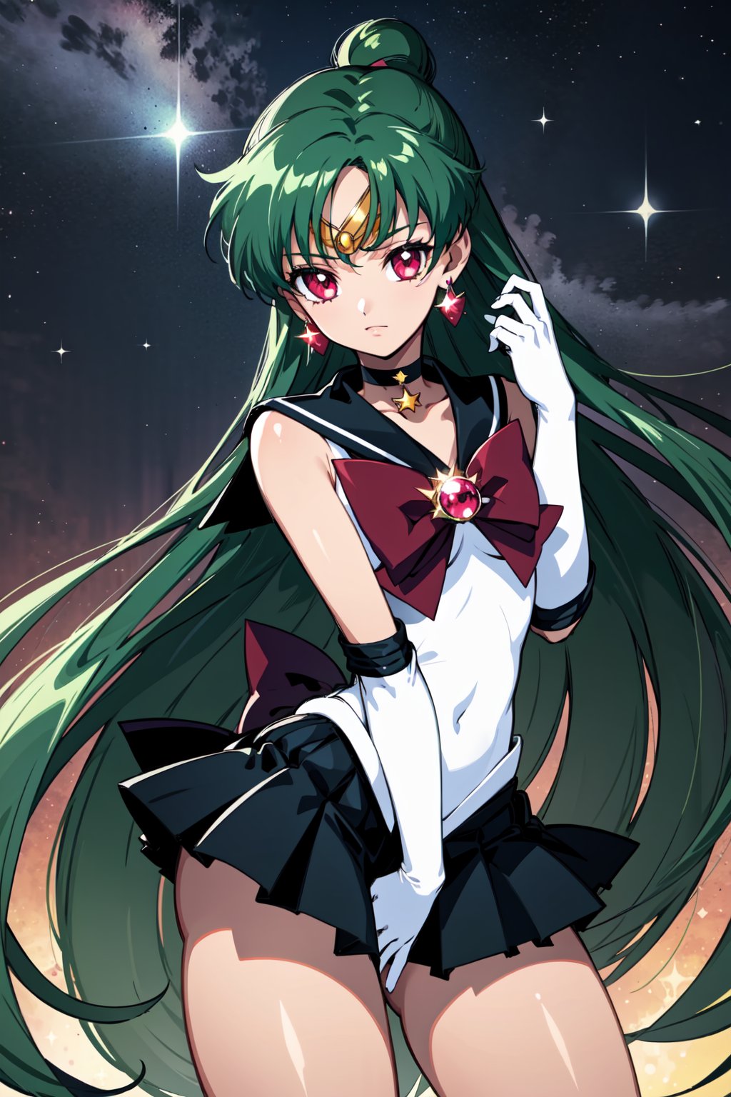 (masterpiece,  best quality),  shiny skin,  lustrous skin,  1girl,  solo,  meiou setsuna,  long hair,  single hair bun,  green hair,  red eyes,  very long hair,  thighs,  skirt,  choker,  sailor senshi uniform,  jewelry,  gloves,  earrings,  white gloves,  bow,  sailor collar,  elbow gloves,  circlet,  red bow,  black skirt,  black choker,  pleated skirt,  miniskirt,  brooch,  back bow,  black sailor collar, sailor pluto,  abrstact background,  star (symbol),  stardust,  dynamic,<lora:EMS-85479-EMS:0.600000>