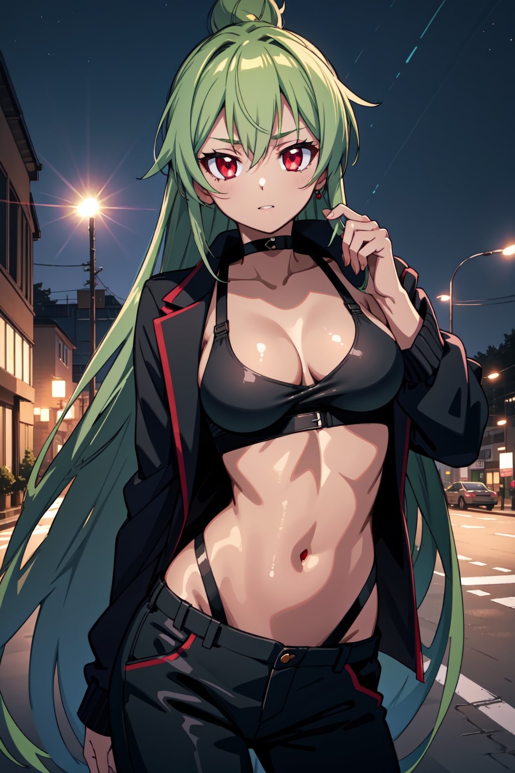 (masterpiece,  best quality),  shiny skin,  lustrous skin,  1girl,  solo,  meiou setsuna,  long hair green hair,  single hair bun,  red eyes,  very long hair,  tanned female,  pants,  black jacket,  black sport bra,  outdoors,  street,  night,<lora:EMS-85479-EMS:0.600000>