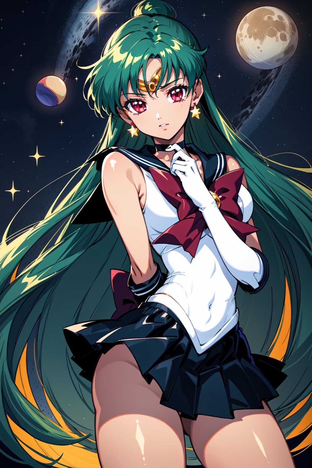 (masterpiece,  best quality),  shiny skin,  lustrous skin,  1girl,  solo,  meiou setsuna,  long hair,  single hair bun,  green hair,  red eyes,  very long hair,  tanned female,  thighs,  skirt,  choker,  sailor senshi uniform,  jewelry,  gloves,  earrings,  white gloves,  bow,  sailor collar,  elbow gloves,  circlet,  red bow,  black skirt,  black choker,  pleated skirt,  miniskirt,  brooch,  back bow,  black sailor collar, sailor pluto,  abrstact background,  star (symbol),  stardust,  sparkle,  pluto,  planets,<lora:EMS-85479-EMS:0.600000>