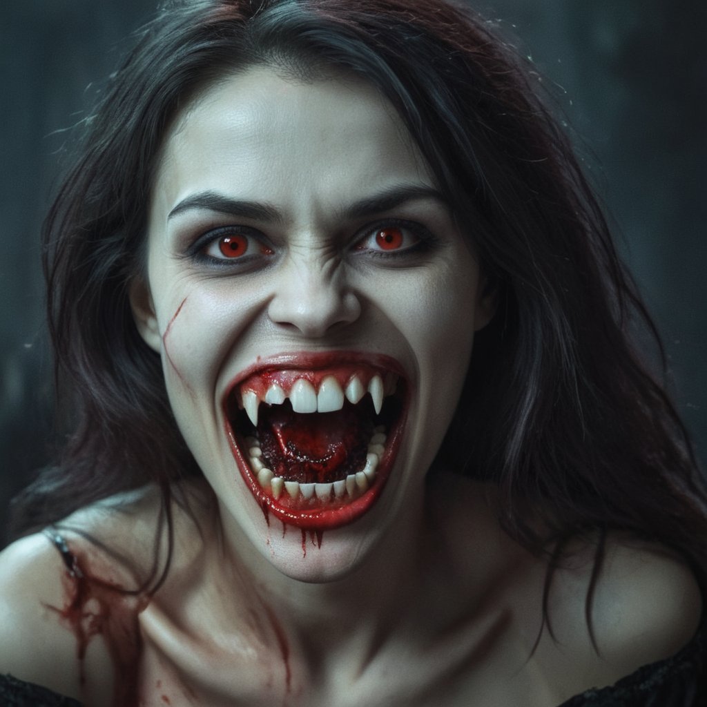 Dark Fantasy Art of  Cinematic Film Look a woman with a very big smile on her bloody face with vampire's teeth vampire bloody fangs teeth,  dark,  moody, dark fantasy style