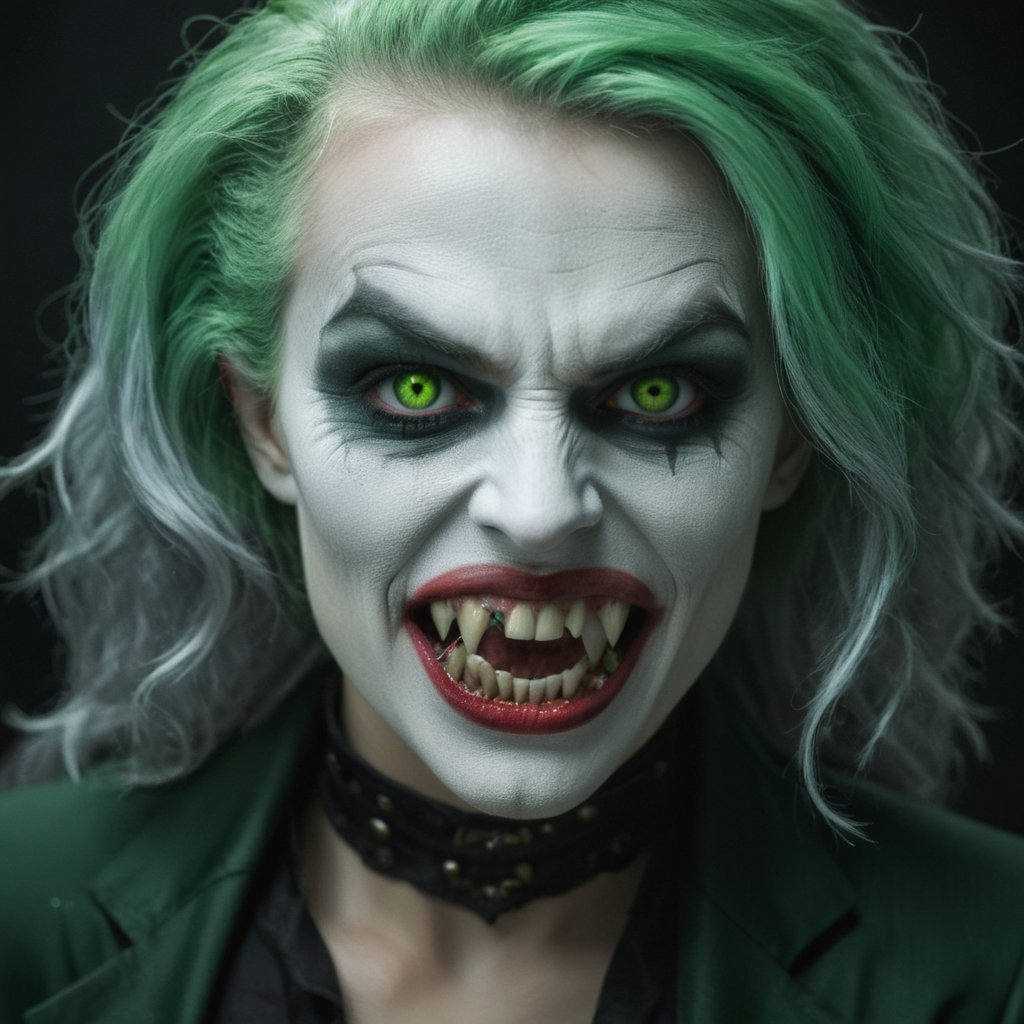 Dark Fantasy Art of  a very hot vampire woman with vampire teeth and reflective grey eyes dressed as a joker with green hair cinematic vampire film style,  dark,  moody,  dark fantasy style