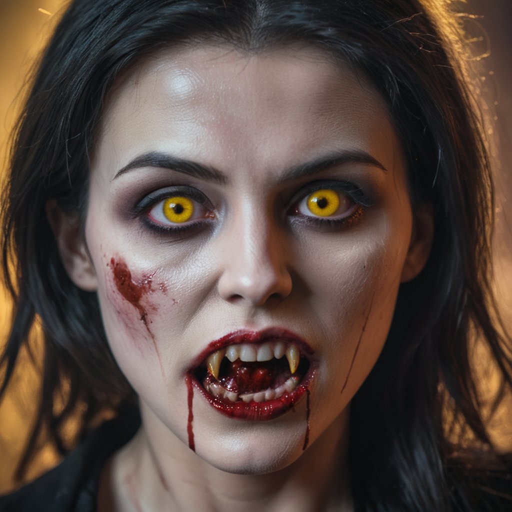 cinematic film still of  a vampire woman with blood on her face and yellow eyes cinematic vampire film style, shallow depth of field, vignette, highly detailed, high budget, bokeh, cinemascope, moody, epic, gorgeous, film grain, grainy