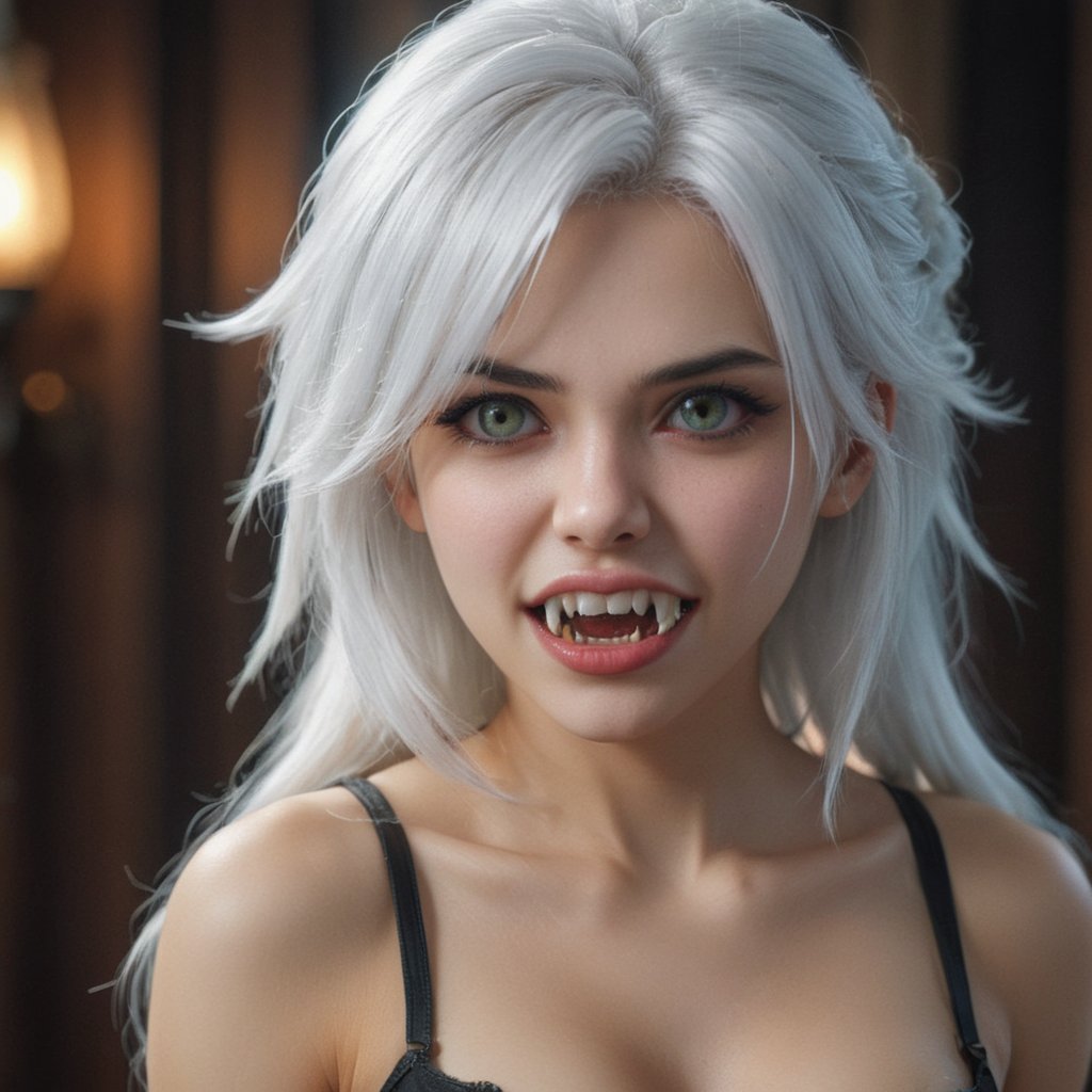 (masterpiece:1.3), (best quality:1.2), 8k, absurdres, unity 8k wallpapper, (extremely detailed:1.3), highestres,  1girl, fangs, cute, white hair, , upper body