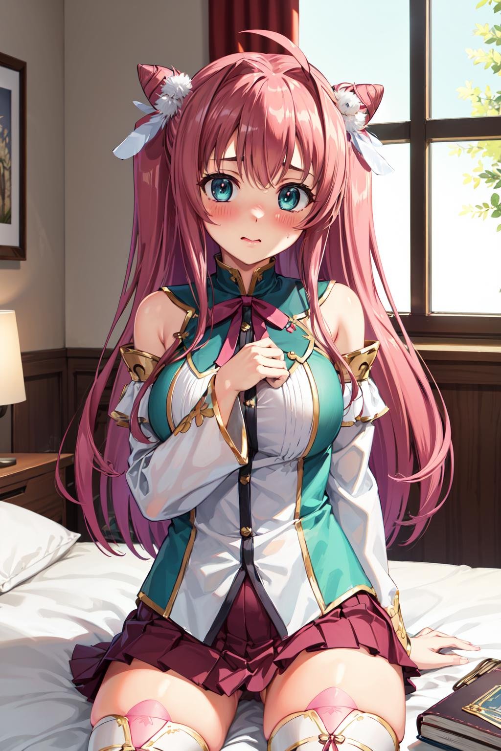 masterpiece,best quality,highres,ultra-detailed,ryuubi,long hair,ahoge,cone hair bun,hair ornament,shirt,detached sleeves,skirt,thighhighs,thigh boots,<lora:ryuubi:0.7>,indoors,bed,sitting,blush,(embarrass:1.2),