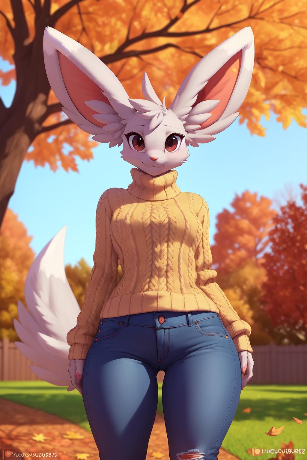 uploaded on e621, explicit content, 3d, cutesexyrobutts, hioshiru, female, solo, minccino, large fluffy tail, backyard setting, autumn, falling leaves, windy, medium breasts, thick thighs, wide hips, three-quarter portrait, closeup, (cozy sweater, jeans)<lora:Minccino:1>