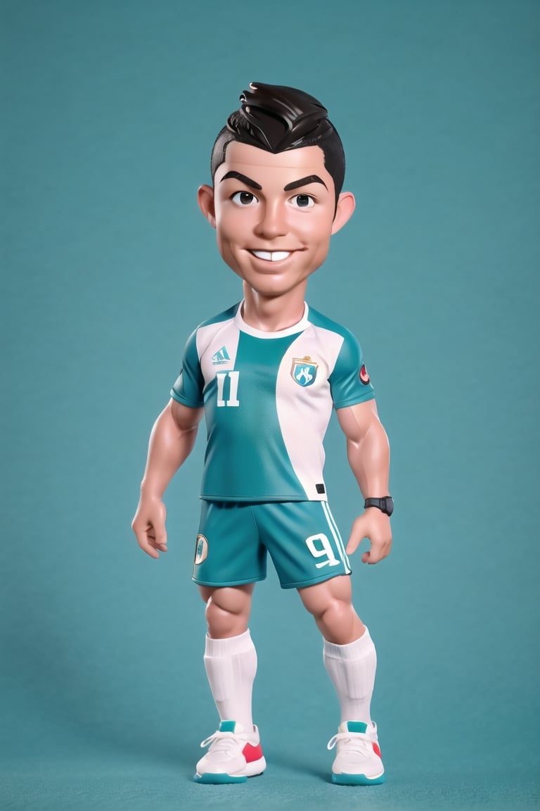 Caricature figure of Cristiano Ronaldo, head, legs, feet, wearing Baby newborn clothes, teal dimentional background, high-res,Wonder of Art and Beauty,3DMM