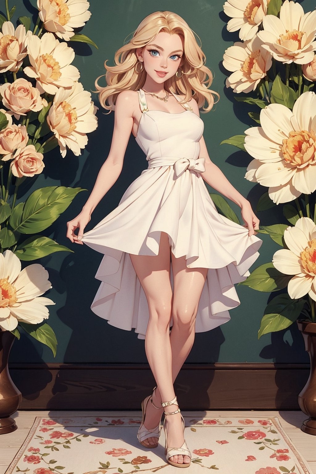 Masterpiece, best quality, 8k, caricature style, 1 model, blonde, slender, Hair color: Blonde, Eyes: Large and bright, Lips: Rosy, Body Slender, Clothing Elegant summer dress