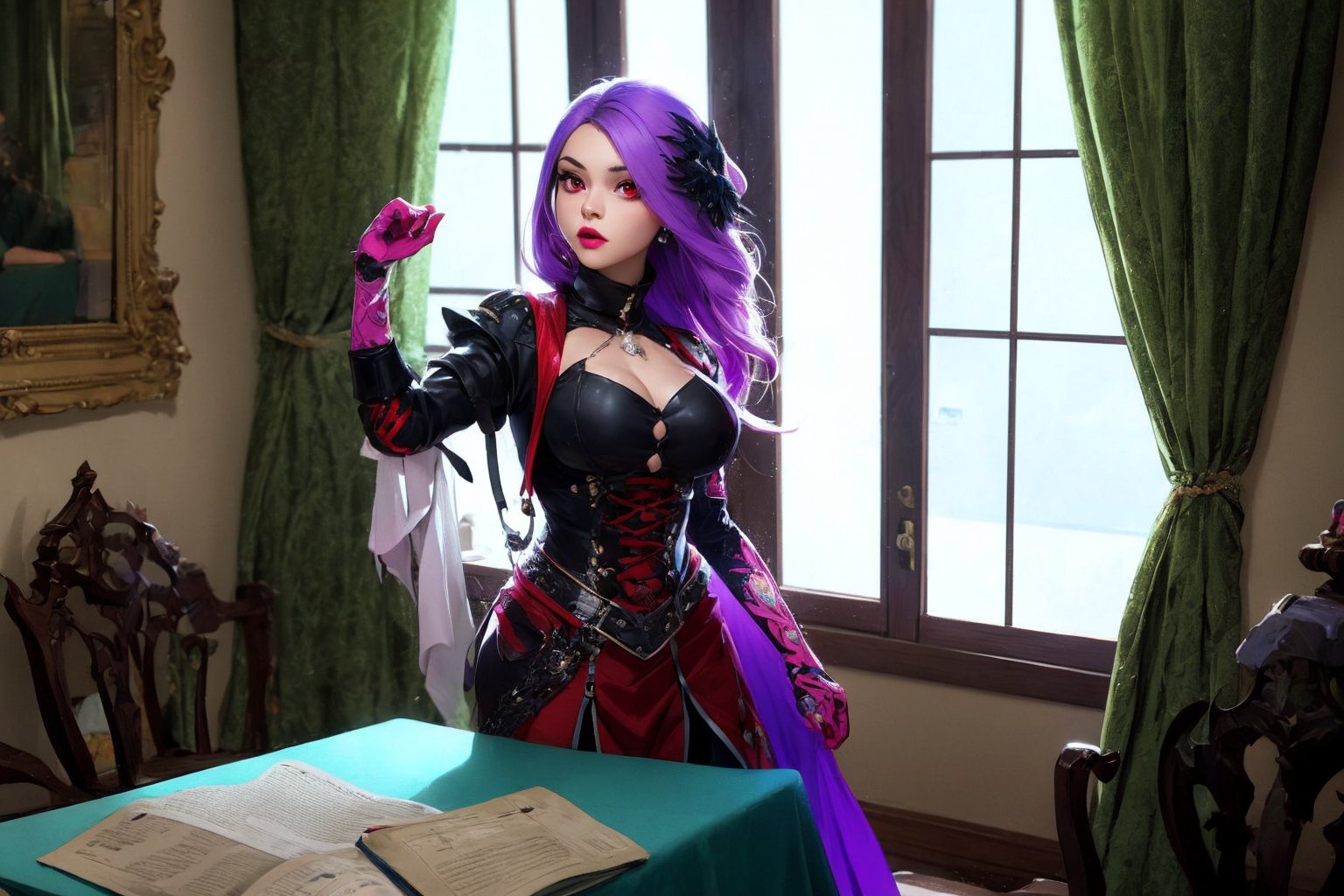 Woman, jellyfish, (feudal middle age:1.1), Slavic appearance, (long straight purple hair gradient pro red), (red eyes), (strong expression look), purple lipstick, fair skin, (black color gothic clothes with red details:1.1), yellow scales on the hands, cinematic lighting, mystical atmosphere, dynamic focus, ultra reality, ultra realistic, ultra quality, real, real texture:1.1, realistic clothes:1.1, 8k insaneres, absurd,