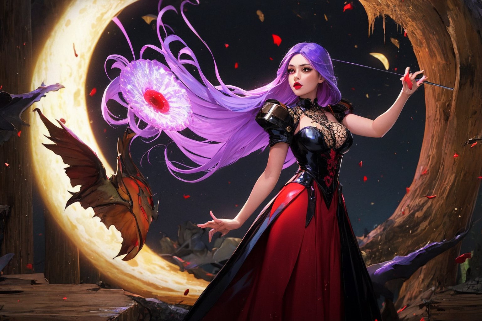 Woman, jellyfish, (feudal middle age:1.1), Slavic appearance, (long straight purple hair gradient pro red), (red eyes), (strong expression look), purple lipstick, fair skin, (black color gothic clothes with red details:1.1), yellow scales on the hands, cinematic lighting, mystical atmosphere, dynamic focus, ultra reality, ultra realistic, ultra quality, real, real texture:1.1, realistic clothes:1.1, 8k insaneres, absurd,