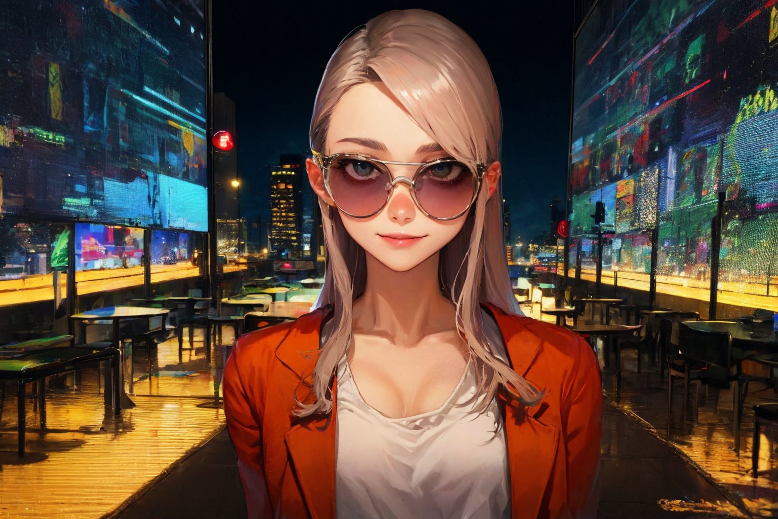 /joker in omib style, illustrator, masterpiece, high quality, 8k, high res, high detail, smiley, transparent sunglasses, cinematic overlay, vivid colors, cool soft lighting, chicago night, wind blowing, greg rutkowki style