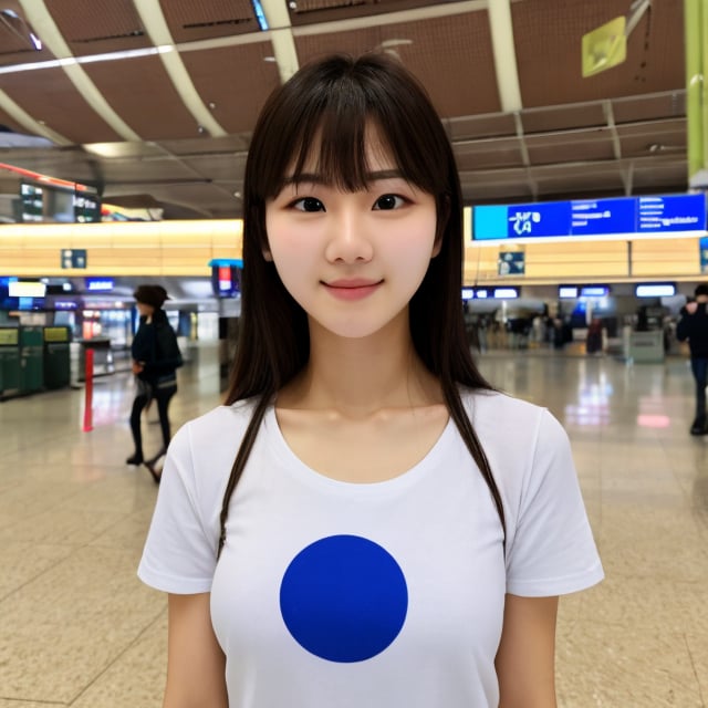 realistic photos of Korean female, crossed bangs, slightly smile, t-shirt, in the airport, pov, Eye-Level Shot, blurry, UHD, masterpiece, highres, 16k 