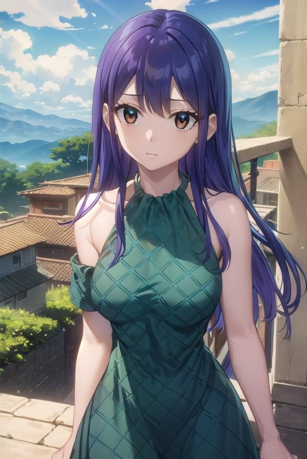 wendymarvell, <lora:wendy marvell-lora-nochekaiser:1>,wendy marvell, long hair, (brown eyes:1.5), (blue hair:1.5), hair between eyes,BREAK dress, sandals, (green dress:1.5), bare shoulders, armband, tattoo,BREAK outdoors, forest, nature, sky, sun, clouds,BREAK looking at viewer, (cowboy shot:1.5),BREAK <lyco:GoodHands-beta2:1>, (masterpiece:1.2), best quality, high resolution, unity 8k wallpaper, (illustration:0.8), (beautiful detailed eyes:1.6), extremely detailed face, perfect lighting, extremely detailed CG, (perfect hands, perfect anatomy),