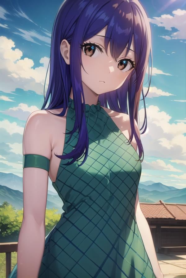 wendymarvell, <lora:wendy marvell-lora-nochekaiser:1>,wendy marvell, long hair, (brown eyes:1.5), (blue hair:1.5), hair between eyes,BREAK dress, sandals, (green dress:1.5), bare shoulders, armband, tattoo,BREAK outdoors, forest, nature, sky, sun, clouds,BREAK looking at viewer, (cowboy shot:1.5),BREAK <lyco:GoodHands-beta2:1>, (masterpiece:1.2), best quality, high resolution, unity 8k wallpaper, (illustration:0.8), (beautiful detailed eyes:1.6), extremely detailed face, perfect lighting, extremely detailed CG, (perfect hands, perfect anatomy),