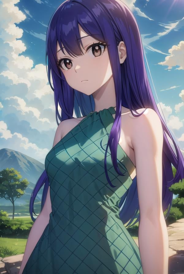 wendymarvell, <lora:wendy marvell-lora-nochekaiser:1>,wendy marvell, long hair, (brown eyes:1.5), (blue hair:1.5), hair between eyes,BREAK dress, sandals, (green dress:1.5), bare shoulders, armband, tattoo,BREAK outdoors, forest, nature, sky, sun, clouds,BREAK looking at viewer, (cowboy shot:1.5),BREAK <lyco:GoodHands-beta2:1>, (masterpiece:1.2), best quality, high resolution, unity 8k wallpaper, (illustration:0.8), (beautiful detailed eyes:1.6), extremely detailed face, perfect lighting, extremely detailed CG, (perfect hands, perfect anatomy),