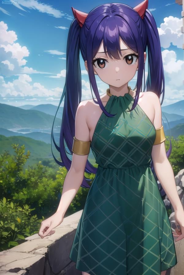 wendymarvell, <lora:wendy marvell-lora-nochekaiser:1>,wendy marvell, long hair, (brown eyes:1.5), (blue hair:1.5), hair between eyes, twintails, red hair ornament,BREAK dress, sandals, (green dress:1.5), bare shoulders, armband, tattoo,BREAK outdoors, forest, nature, sky, sun, clouds,BREAK looking at viewer, (cowboy shot:1.5),BREAK <lyco:GoodHands-beta2:1>, (masterpiece:1.2), best quality, high resolution, unity 8k wallpaper, (illustration:0.8), (beautiful detailed eyes:1.6), extremely detailed face, perfect lighting, extremely detailed CG, (perfect hands, perfect anatomy),