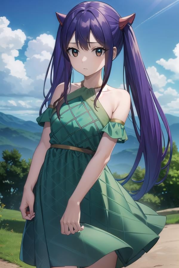 wendymarvell, <lora:wendy marvell-lora-nochekaiser:1>,wendy marvell, long hair, (brown eyes:1.5), (blue hair:1.5), hair between eyes, twintails, red hair ornament,BREAK dress, sandals, (green dress:1.5), bare shoulders, armband,BREAK outdoors, forest, nature, sky, sun, clouds,BREAK looking at viewer, (cowboy shot:1.5),BREAK <lyco:GoodHands-beta2:1>, (masterpiece:1.2), best quality, high resolution, unity 8k wallpaper, (illustration:0.8), (beautiful detailed eyes:1.6), extremely detailed face, perfect lighting, extremely detailed CG, (perfect hands, perfect anatomy),