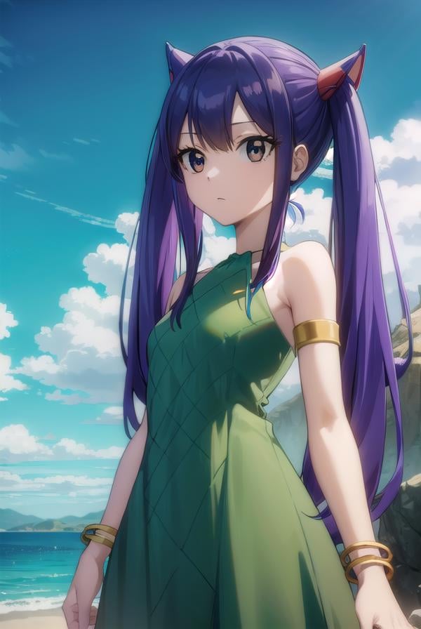 wendymarvell, <lora:wendy marvell-lora-nochekaiser:1>,wendy marvell, long hair, (brown eyes:1.5), (blue hair:1.5), hair between eyes, twintails, red hair ornament,BREAK dress, sandals, (green dress:1.5), bare shoulders, armband,BREAK outdoors, forest, nature, sky, sun, clouds,BREAK looking at viewer, (cowboy shot:1.5),BREAK <lyco:GoodHands-beta2:1>, (masterpiece:1.2), best quality, high resolution, unity 8k wallpaper, (illustration:0.8), (beautiful detailed eyes:1.6), extremely detailed face, perfect lighting, extremely detailed CG, (perfect hands, perfect anatomy),