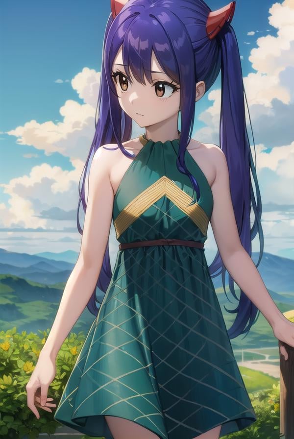 wendymarvell, <lora:wendy marvell-lora-nochekaiser:1>,wendy marvell, long hair, (brown eyes:1.5), (blue hair:1.5), hair between eyes, twintails, red hair ornament,BREAK dress, sandals, (green dress:1.5), bare shoulders, armband,BREAK outdoors, forest, nature, sky, sun, clouds,BREAK looking at viewer, (cowboy shot:1.5),BREAK <lyco:GoodHands-beta2:1>, (masterpiece:1.2), best quality, high resolution, unity 8k wallpaper, (illustration:0.8), (beautiful detailed eyes:1.6), extremely detailed face, perfect lighting, extremely detailed CG, (perfect hands, perfect anatomy),