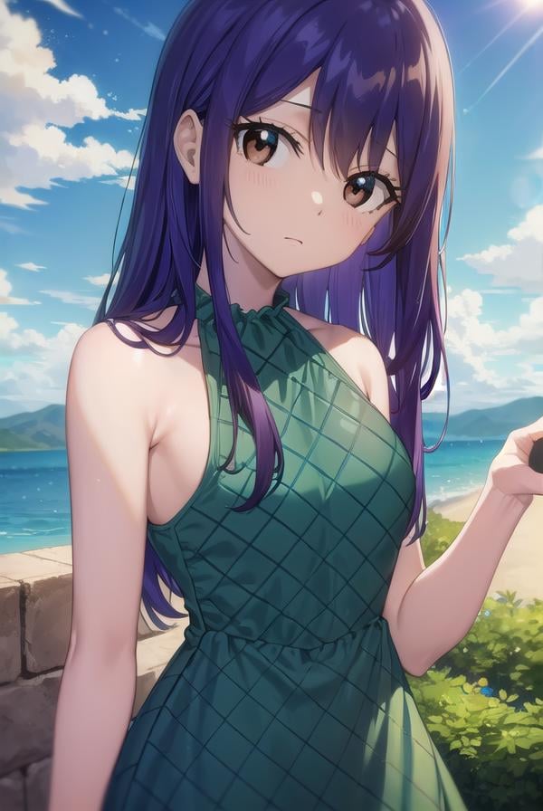 wendymarvell, <lora:wendy marvell-lora-nochekaiser:1>,wendy marvell, long hair, (brown eyes:1.5), (blue hair:1.5), hair between eyes,BREAK dress, sandals, (green dress:1.5), bare shoulders, armband, tattoo,BREAK outdoors, forest, nature, sky, sun, clouds,BREAK looking at viewer, (cowboy shot:1.5),BREAK <lyco:GoodHands-beta2:1>, (masterpiece:1.2), best quality, high resolution, unity 8k wallpaper, (illustration:0.8), (beautiful detailed eyes:1.6), extremely detailed face, perfect lighting, extremely detailed CG, (perfect hands, perfect anatomy),